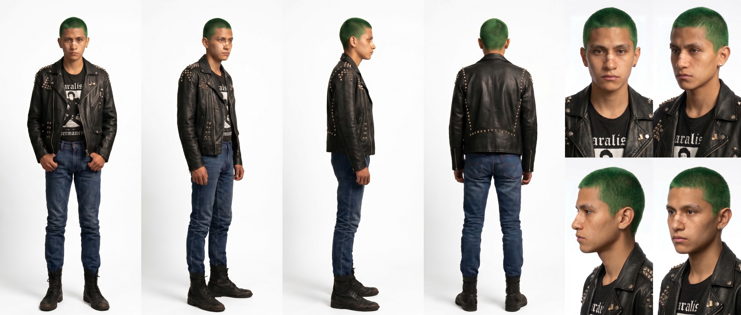 Hoja de personaje de Nacho: vistas frontal, tres cuartos, perfil, espalda y estudios de rostro.