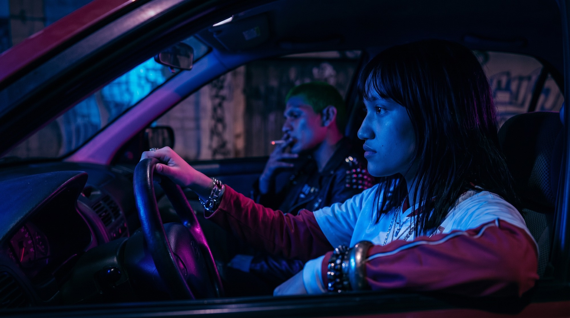 Elena maneja el Tsuru y Nacho fuma en el asiento del copiloto, bajo luz azul y magenta.